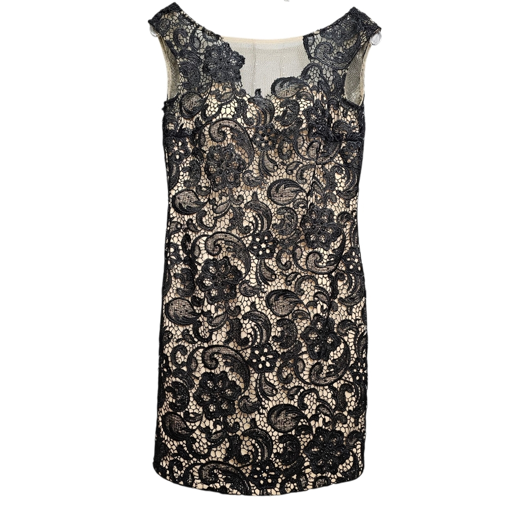 Lets Fashion Nwot Black Floral Ornate Bead Embelished Lace Illusion Neck Dress
